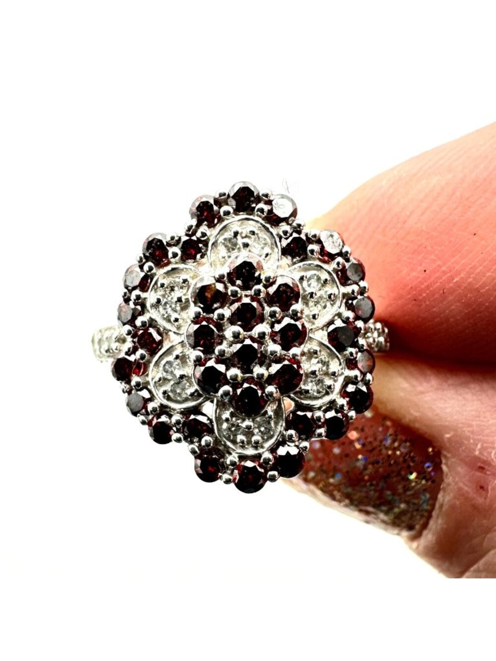 Estate Jewelry Womens Ring 10K White Gold Red White Diamond Cluster Size 6.5